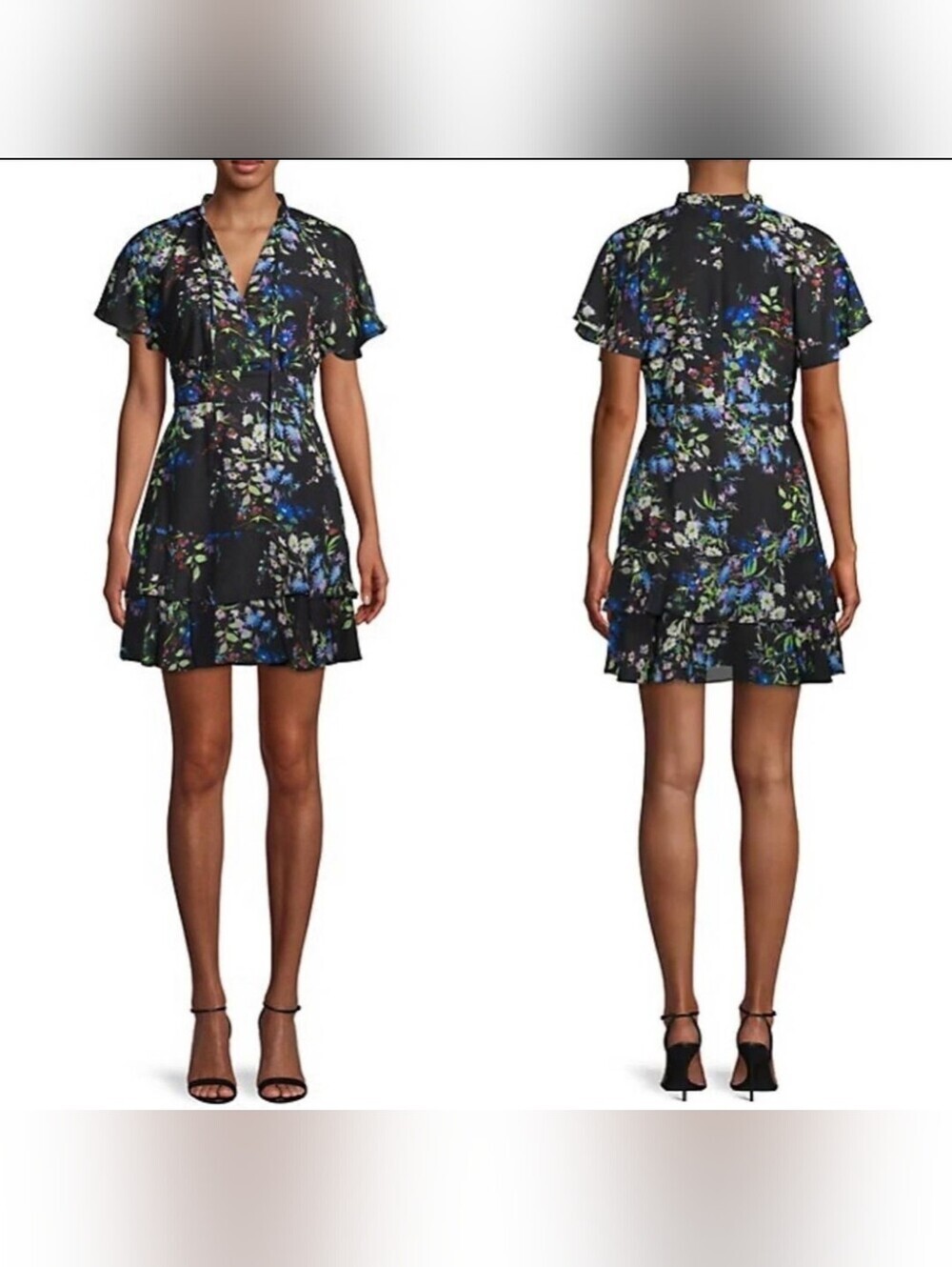 Parker Floral V-Neck Ruffle Hem Mini Dress - Black/Blue